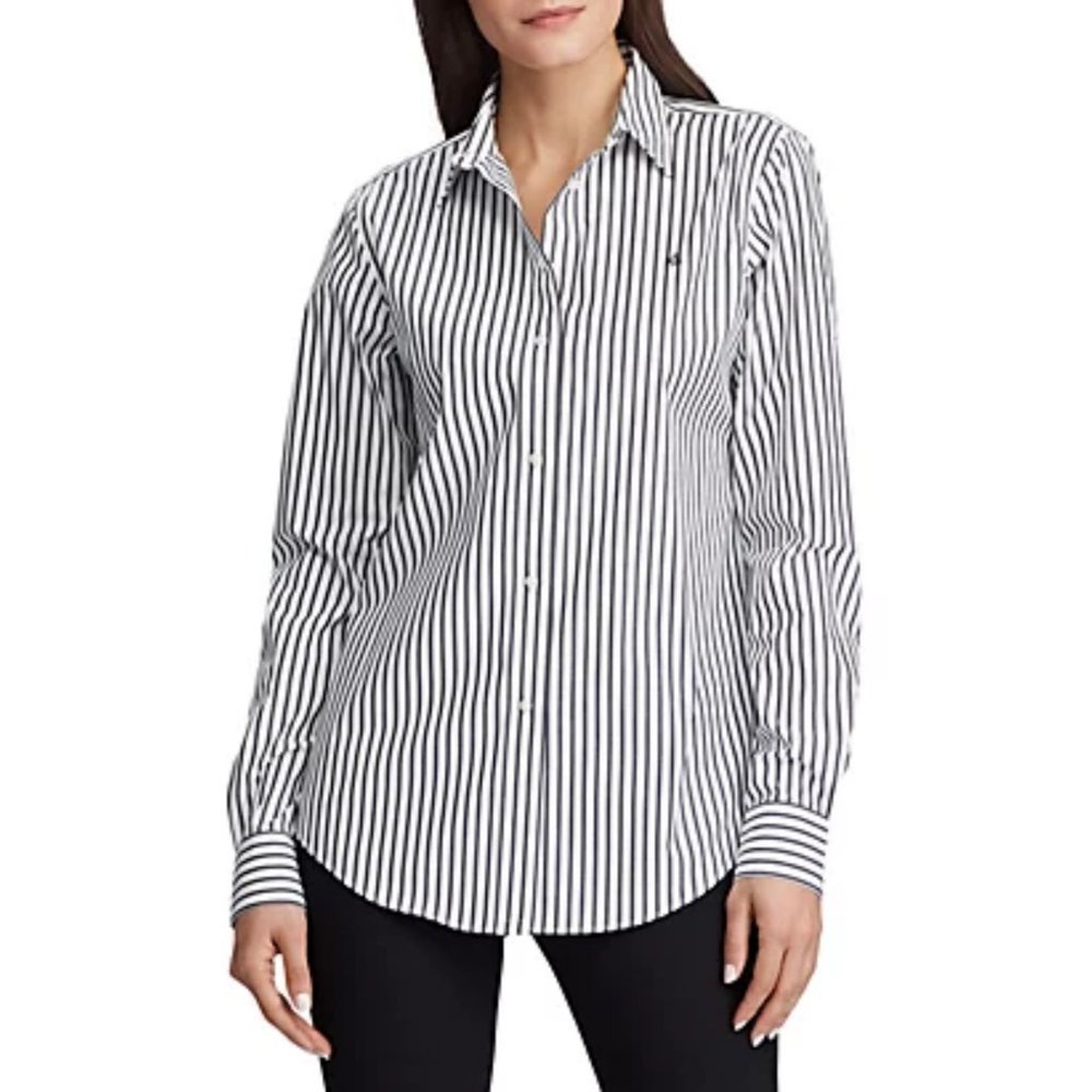 LR LAUREN Non-Iron Striped Logo Chic Preppy Button Down Shirt